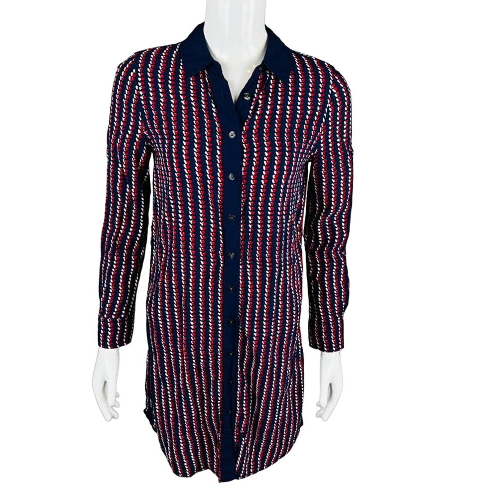 Draper James Womans Size 2 Shirt Dress Button Front Blue Hearts Long Sleeve - Picture 3 of 9